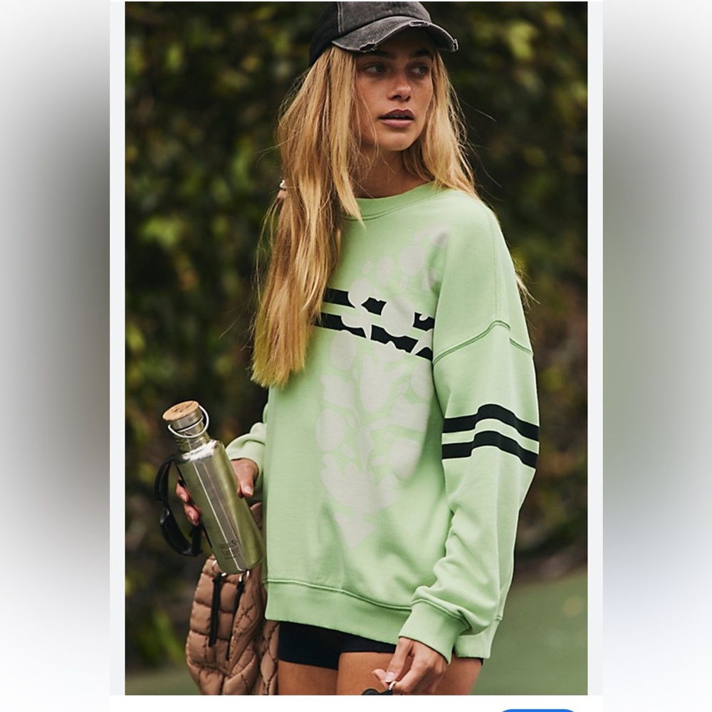Free People Light Green Graphic Crewneck Sweater with Black Stripes